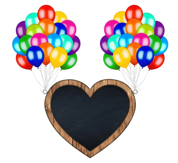 Massa Färgglada Ballonger Bära Flygande Hjärtformade Skylt Griffeltavla Isolerad Vit — Stockfoto