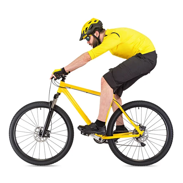 Молодий Велосипедист Бородою Жовтому Гірському Велосипеді Ізольований Білому Тлі — стокове фото