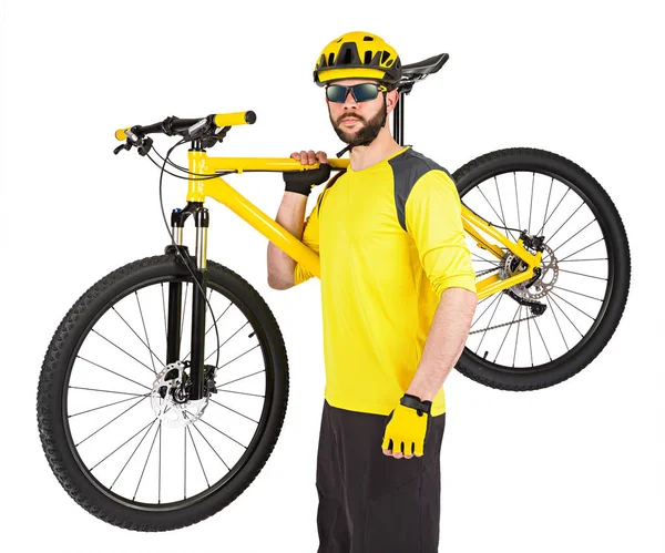Молодий Велосипедист Бородою Жовтим Гірським Велосипедом Плечі Ізольований Білому Тлі — стокове фото