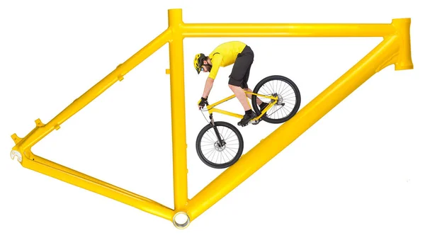 Bicicleta Montanha Amarela Conceito Quadro Bicicleta Com Ciclista Descendo Tubo — Fotografia de Stock