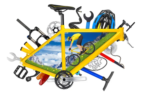 黄色山地自行车自行车零件和框架概念与骑车的骑下坡低管隔离在白色背景上 — 图库照片