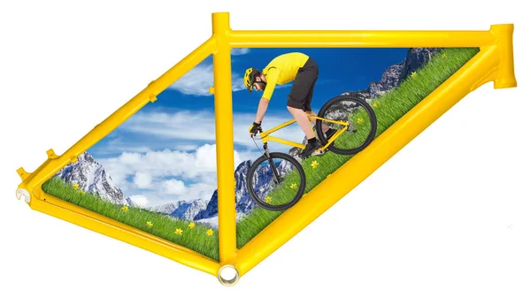 yellow mountain bike bicycle frame concept with cyclist riding downhill the lower tube  isolated on white background