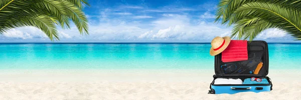 Wide Paradise Beach Panorama Background Packed Suitcase Coco Palms — Stock Photo, Image