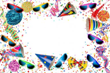 renkli parti karnaval renkli flama candy lolipop ile doğum günü kutlama arka plan üzerinde beyaz izole güneş gözlüğü konfeti şapka lolly pop pop 