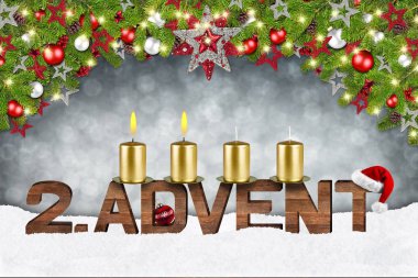 ikinci Pazar kavramı xmas arka plan mumlar top önemsiz şey yıldızlar ve kırmızı gümüş ile çam dalları dekore edilmiştir.
