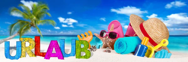 Translation German Word Urlaub Vacation Lettering Beach Supplies Accessory Sand — Stock Photo, Image