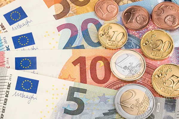 Pièces Euros Cents Sur Billets Banque — Photo