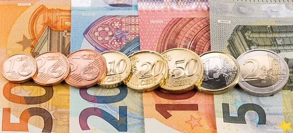 Row All Euro Cent Coins Bank Notes Wide Panorama Finance — Stock Photo, Image