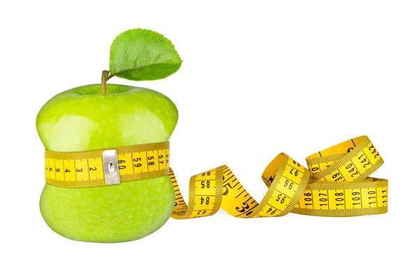 Zielone Jabłuszko Żółtym Pomiaru Taśmy Fitness Dieta Koncepcja Białym Tle — Zdjęcie stockowe