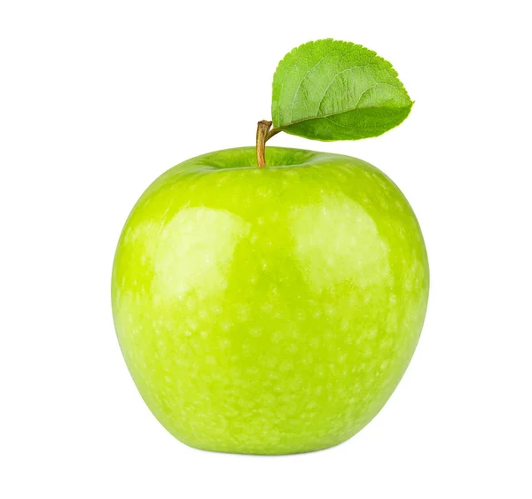 Fruta Manzana Verde Fresca Con Hoja Aislada Sobre Fondo Blanco — Foto de Stock