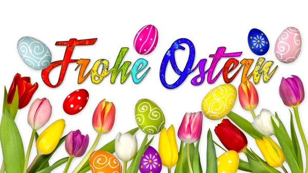 Colorido Alemán Feliz Pascua Fondo Tulipanes Huevos Nido Cesta Aislado — Foto de Stock