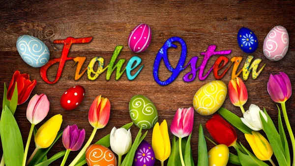 Bunt Holz Deutsch Glücklich Ostern Hintergrund Tulpen Eier Nestkorb Auf — Stockfoto