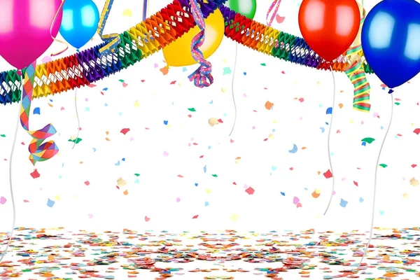 五颜六色的空的党狂欢节生日庆祝背景与五颜六色的流光空气气球花环在白色被隔绝 — 图库照片