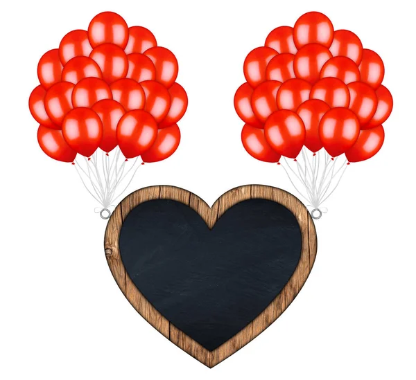 Bunch Red Balloons Carry Flying Heart Shaped Billboard Chalkboard Isolated — Stock Photo, Image