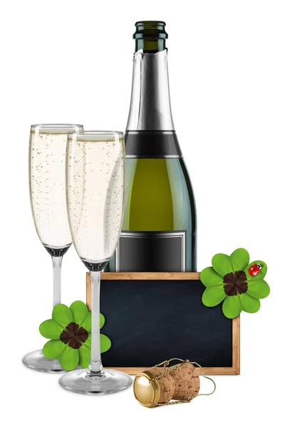 New Years Eve Champagne Bottle Glasses Empty Slate Blackboard Chalkboard — Stock Photo, Image