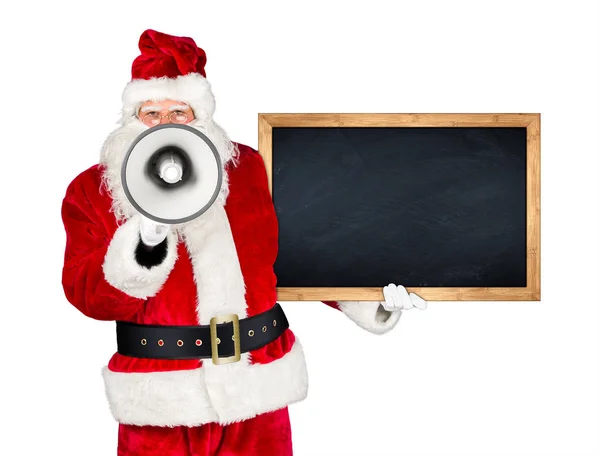 传统的经典红白圣诞老人做大声宣布与扩音器扩音器木黑板在他的另一只手隔离白色背景 — 图库照片