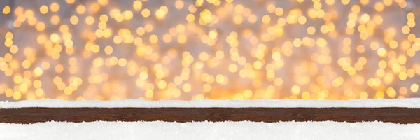 Широкая Панорама Баннер Рождество Фон Деревянными Снежными Досками Перед Ярким — стоковое фото