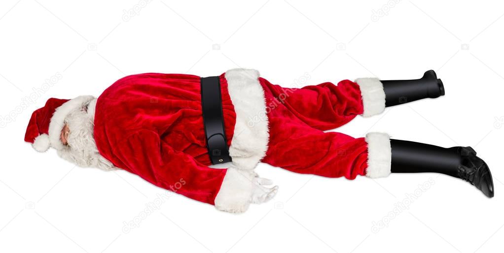 red white santa claus overworked frustration burnout concept lying on floor isolated on white background