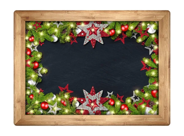 装饰圣诞圣诞节黑板与木框架杉木分支圣诞节装饰红色银 — 图库照片