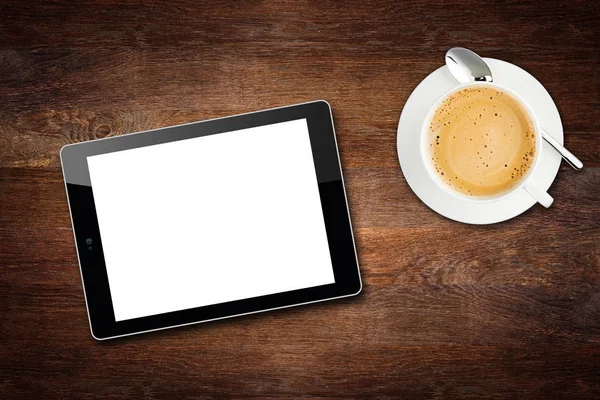 ahşap masaüstü masaüstü görünümü sonu kavramı ile tablet ve kahve Kupası