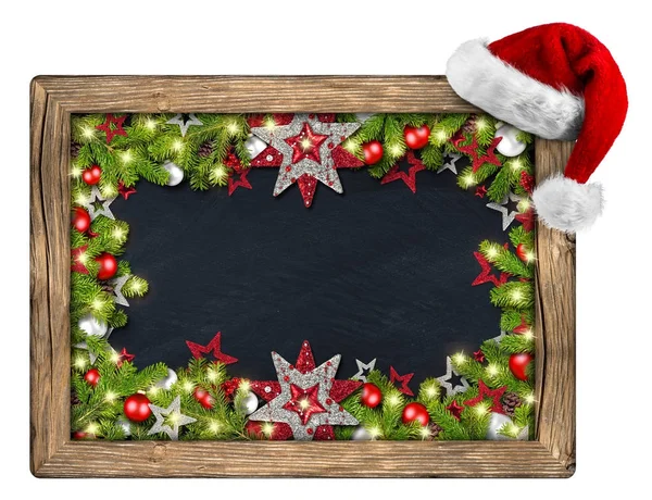 Dekorierte Weihnachten Tafel Tafel Tafel Mit Holzrahmen Weihnachtsmann Hut Tannenzweige — Stockfoto