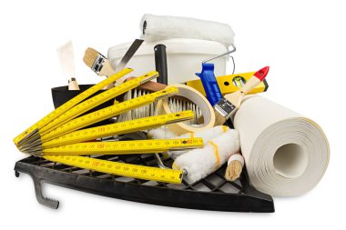 Tadilat dekorasyon DIY araç ve beyaz arka plan üzerinde izole boya kovası