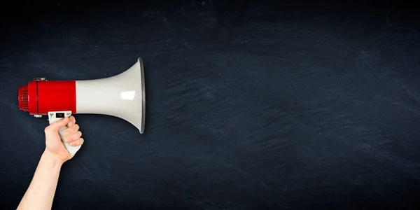 Empty Wide Slate Blackboard Chalkboard Hand Holding Megaphone Business Blank — Stock Photo, Image