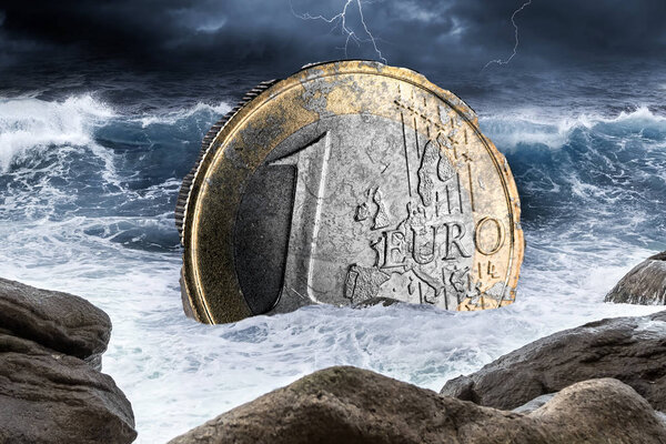 euro european currency crisis one coin inflation finance market crash concept sinking in ocean thunderstorm background
