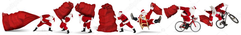 Set collection of crazy red traditional santa claus with bag ext