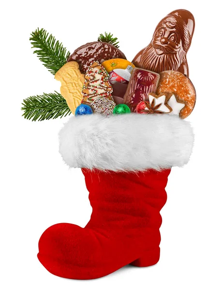 Röd st nicholas dag boot fylld med choklad Santa claus cooki — Stockfoto