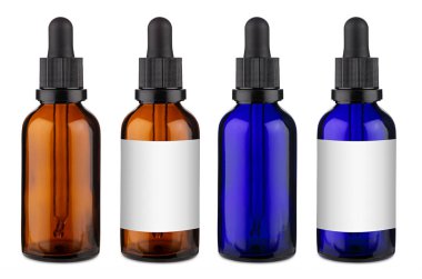 Mavi ve kahverengi ilaç cam pipet damlası koleksiyonunu ayarla 