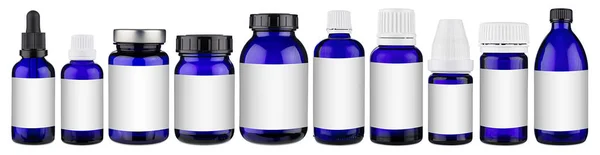 Set gyűjtemény sor különböző kék gyógyszer tabletta üveg pipetta d — Stock Fotó