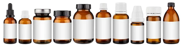 Set colección fila de varios marrón medicina píldora vidrio pipeta —  Fotos de Stock