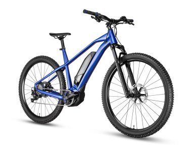 Mavi modern orta sürüş motoru ve elektrikli motor ortası montajlı bisiklet pedalı. Batarya motorlu motor beyaz arka planda izole edildi. Yenilik ulaşım kavramı.