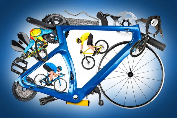 骑自行车的运动员和自行车的框架与许多自行车零件从山地自行车道赛车下山尾端和自由式的泥土跳跃 蓝色白色背景下的自行车和运动概念 — 图库照片