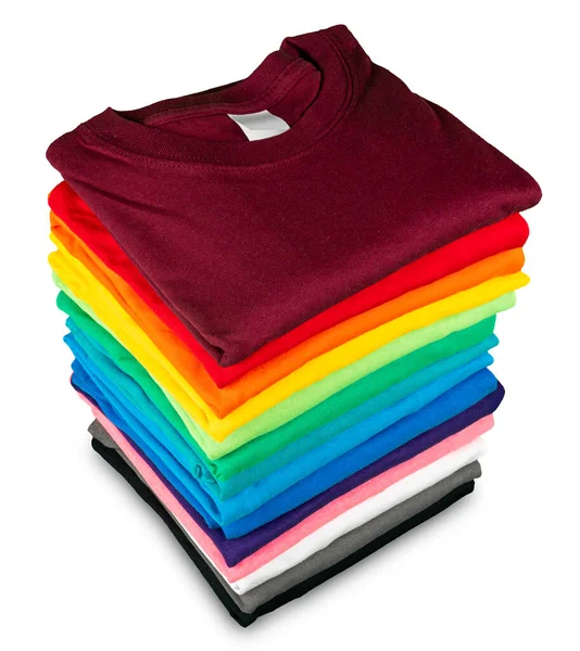 Pilha Muitas Camisetas Algodão Novo Tecido Fresco Cores Coloridas Arco — Fotografia de Stock