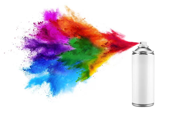 Spray Kan Bespruta Färgglada Regnbåge Holi Färg Pulver Explosion Isolerad — Stockfoto