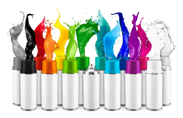 Rząd Wielu Różnych Sprayu Może Natryskiwanie Kolorowe Farby Tęczowe Plusk — Zdjęcie stockowe