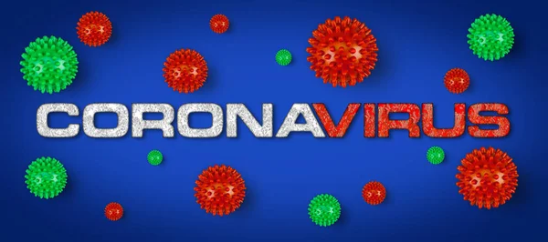 Covid-19 red white lettering with green corona virus on bright light grey background. Cornavirus global  outbreak pandemic epidemic medical concept on blue background