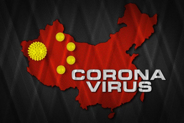 Corona Virus Bílé Písmo Žlutým Virem Korony Červené Čínské Mapě — Stock fotografie