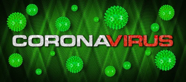 Letras Blancas Rojas Covid Con Virus Corona Verde Sobre Fondo — Foto de Stock