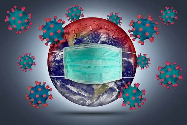 Coronavirus earth world globe with respirator breathing face dust mask. Corna virus global outbreak pandemic epidemic medical prevention concept.Elements of this image furnished by NASA