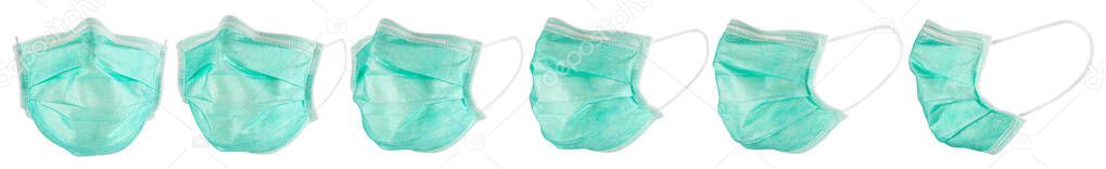 Set collection row of green blue medical respirator breathing face dust mask isolated on white background. Coronavirus Covid-19 prevention protection pandemic outbreak concept.