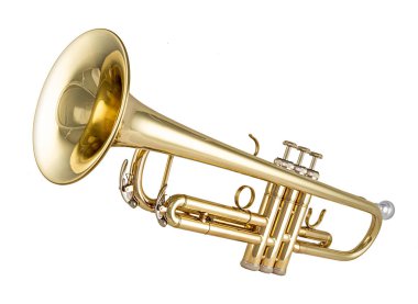 Beyaz arka planda izole edilmiş altın gibi parlak yeni metalik pirinç trompet müzik aleti. müzik ekipmanları eğlence orkestrası konsepti.