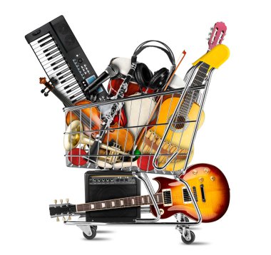 Alışveriş arabasındaki çeşitli müzik aletleri yığını kolajı. Elektro gitar piyano klavye bongo tamburin armonika trompeti. depolama çevrimiçi stüdyo müzik kavramı tecrit edilmiş