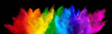 colorful rainbow holi paint color powder explosion isolated on dark black wide panorama background. peace rgb beautiful party concept clipart