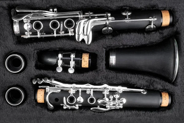 Black Clarinet Silver Wooden Woodwind Musical Brass Instrument Pieces Parts — Stock Photo, Image