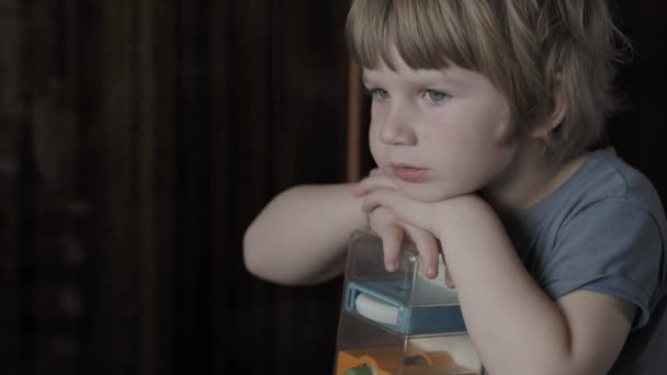 Malý chlapec se na něco upřeně dívá — Stock video