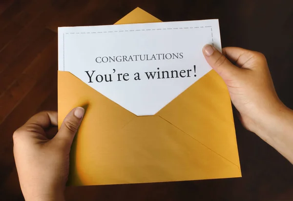 Open Shiny Gold Envelope Letter Says Congratulations You Winner Female — Stock Photo, Image