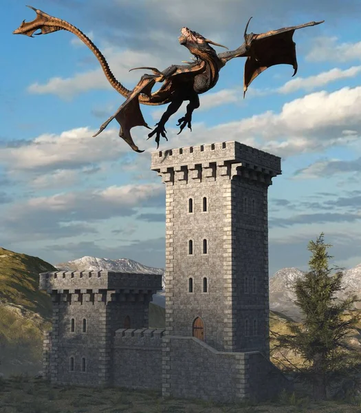 Fantasy dragon and medieval tower 3d illustration
